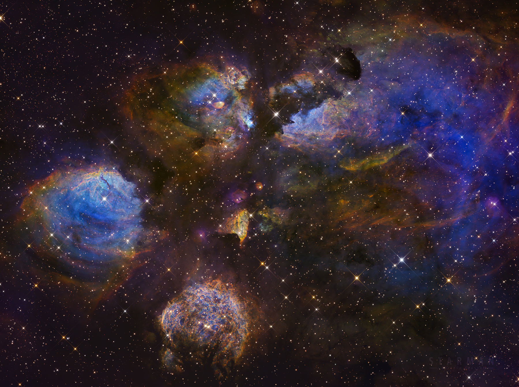 NGC 6334, the Cat's Paw Nebula, in the Hubble palette
