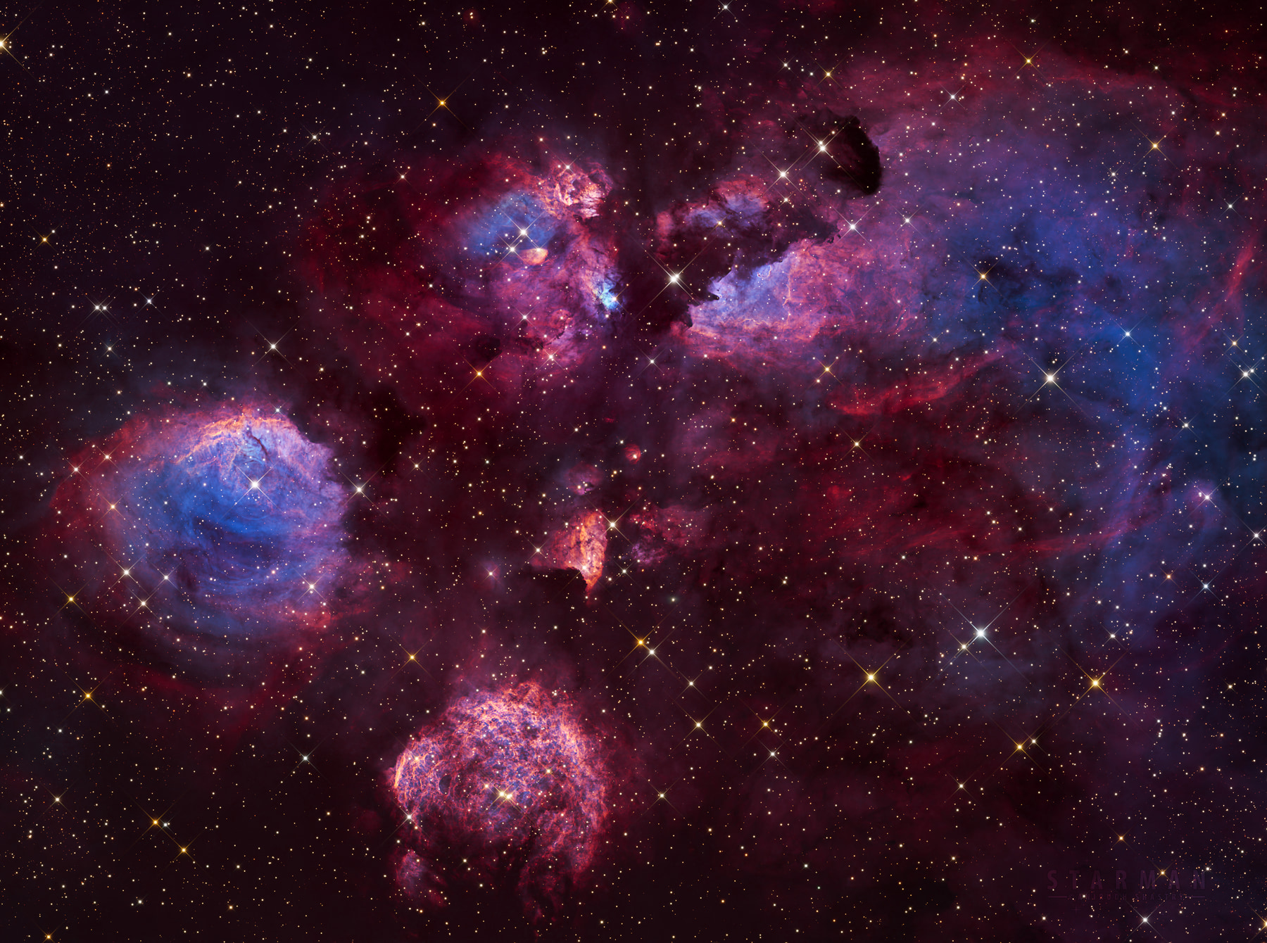 NGC 6334, the Cat's Paw Nebula, in the SHORGB palette